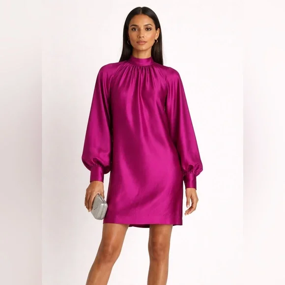 Trina Turk Magenta Satin Mock Neck Cocktail Dress Long Sleeve M - Picture 1 of 9
